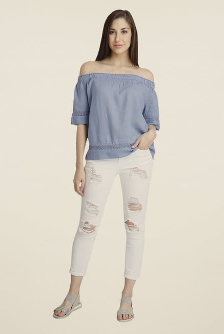 Vero Moda Light Blue Solid Off-shoulder Top Vero Moda Light Blue Solid Off-shoulder Top