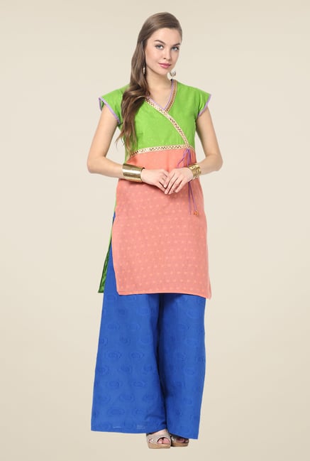 Yepme Orange and Green Shyra Angrakha Kurti Yepme Orange and Green Shyra Angrakha Kurti