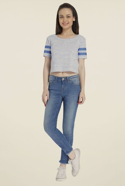Only Light Blue Solid T-shirt Only Light Blue Solid T-shirt