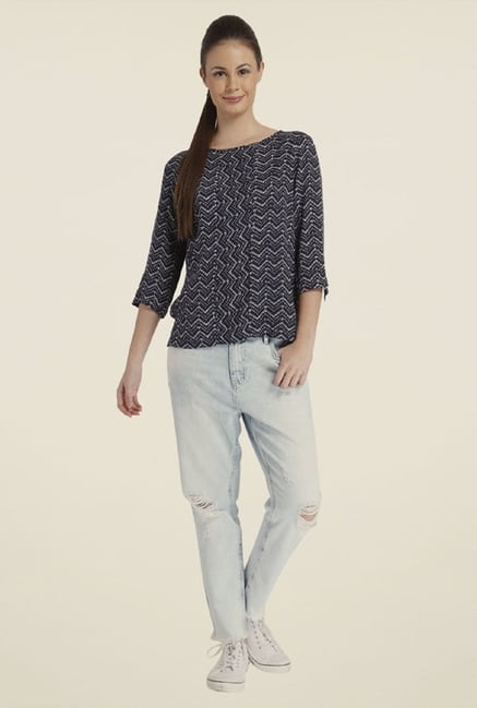 Only Blue Printed Boat Neck Top Only Blue Printed Boat Neck Top