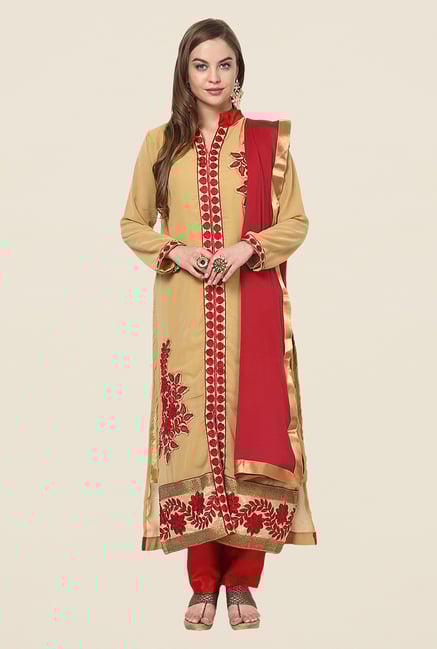 Yepme Beige & Red Barabal Unstitched Suit Set Yepme Beige & Red Barabal Unstitched Suit Set