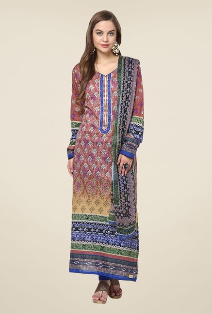 Yepme Brown & Blue Calista Unstitched Suit Set Yepme Brown & Blue Calista Unstitched Suit Set