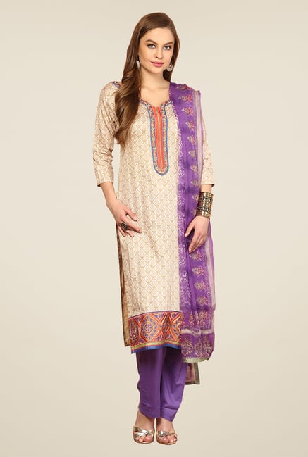 Yepme Beige & Purple Rosabelle Unstitched Suit Set Yepme Beige & Purple Rosabelle Unstitched Suit Set