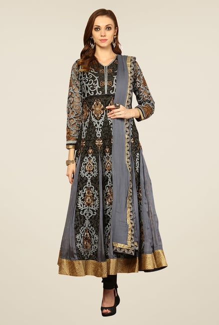 Yepme Grey & Black Vivian Unstitched Suit Set Yepme Grey & Black Vivian Unstitched Suit Set