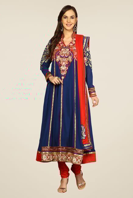 Yepme Blue & Red Elegance Unstitched Suit Set Yepme Blue & Red Elegance Unstitched Suit Set