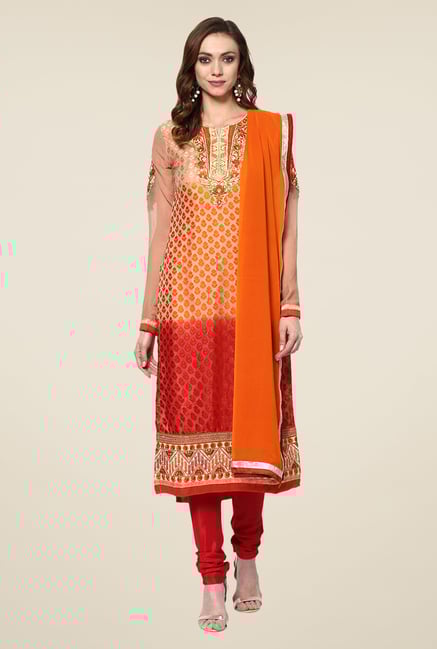 Yepme Orange & Red Ebele Semi Stitched Suit Set Yepme Orange & Red Ebele Semi Stitched Suit Set