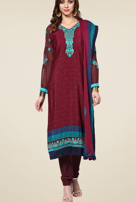 Yepme Wine Uschi Semi Stitched Suit Set Yepme Wine Uschi Semi Stitched Suit Set