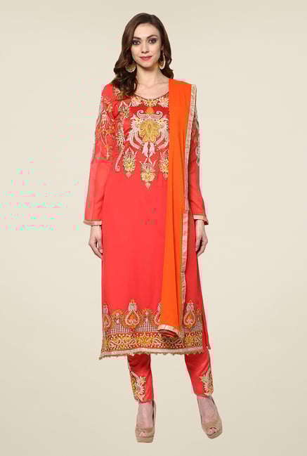 Yepme Coral & Orange Felecia Semi Stitched Suit Set Yepme Coral & Orange Felecia Semi Stitched Suit Set