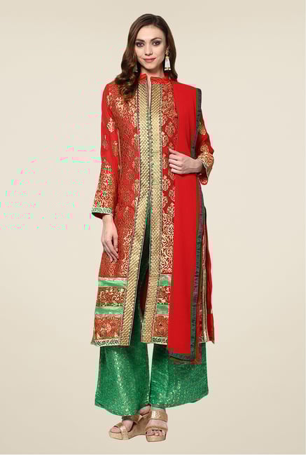 Yepme Red & Green Zaida Semi Stitched Suit Set Yepme Red & Green Zaida Semi Stitched Suit Set