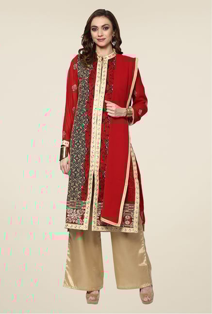 Yepme Red & Beige Zaida Semi Stitched Suit Set Yepme Red & Beige Zaida Semi Stitched Suit Set