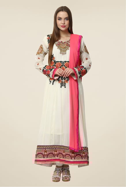 Yepme White Iesha Semi Stitched Suit Set Yepme White Iesha Semi Stitched Suit Set