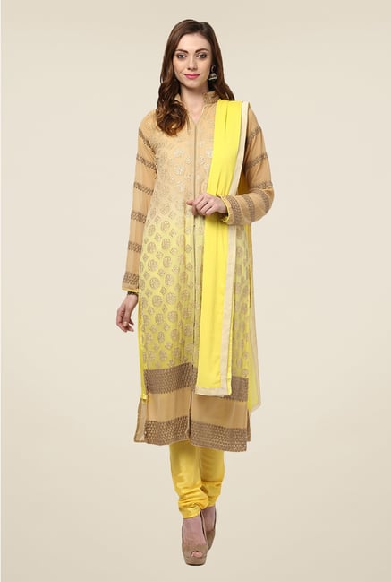 Yepme Beige & Yellow Helga Semi Stitched Suit Set Yepme Beige & Yellow Helga Semi Stitched Suit Set