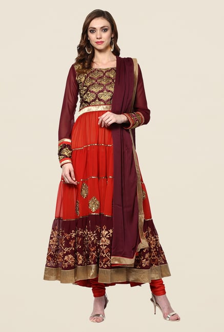 Yepme Maroon & Red Whitley Semi Stitched Suit Set Yepme Maroon & Red Whitley Semi Stitched Suit Set