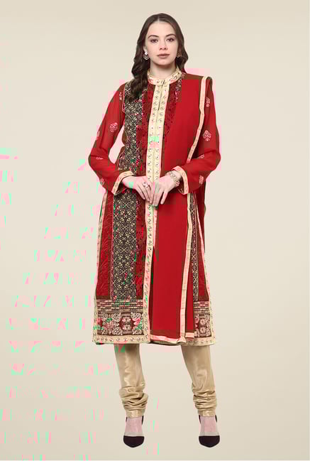 Yepme Red & Beige Zaida Semi Stitched Suit Set Yepme Red & Beige Zaida Semi Stitched Suit Set