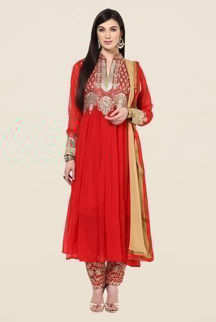 Yepme Bailey Red Embroidered Unstitched Suit Set Yepme Bailey Red Embroidered Unstitched Suit Set