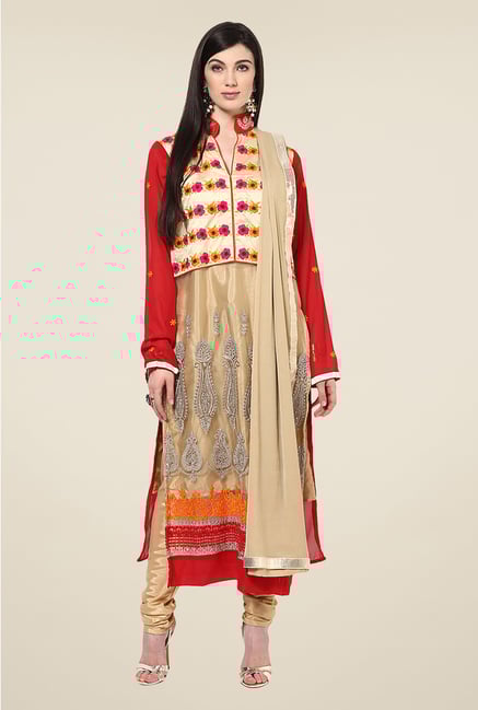 Yepme Helga Beige & Red Unstitched Suit Set Yepme Helga Beige & Red Unstitched Suit Set