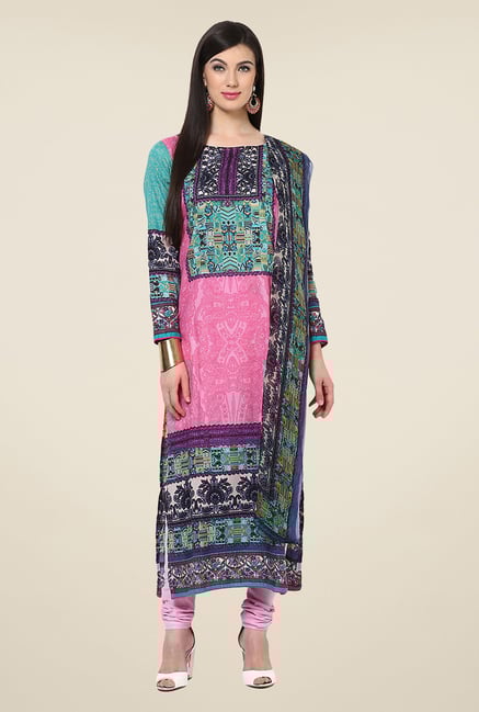 Yepme Calista Pink & Green Unstitched Suit Set Yepme Calista Pink & Green Unstitched Suit Set