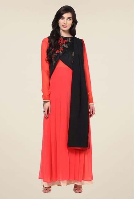 Yepme Palma Coral & Black Unstitched Suit Set Yepme Palma Coral & Black Unstitched Suit Set