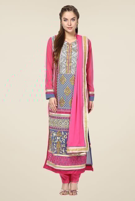Yepme Raakel Pink & Blue Unstitched Suit Set Yepme Raakel Pink & Blue Unstitched Suit Set