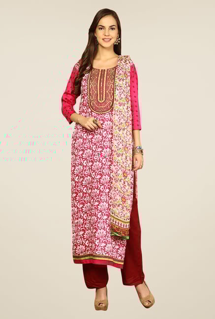 Yepme Rosabelle Pink & Maroon Unstitched Suit Set Yepme Rosabelle Pink & Maroon Unstitched Suit Set