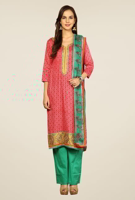 Yepme Rosabelle Pink & Green Unstitched Suit Set Yepme Rosabelle Pink & Green Unstitched Suit Set