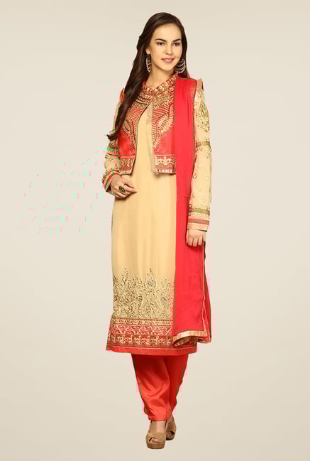 Yepme Beige & Peach Vanna Unstitched Suit Set Yepme Beige & Peach Vanna Unstitched Suit Set