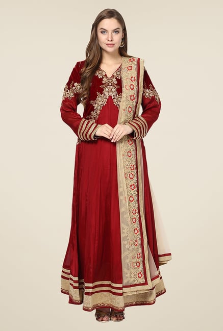 Yepme Maroon Vivian Unstitched Suit Set Yepme Maroon Vivian Unstitched Suit Set
