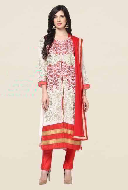 Yepme White & Red Barabal Unstitched Suit Set Yepme White & Red Barabal Unstitched Suit Set