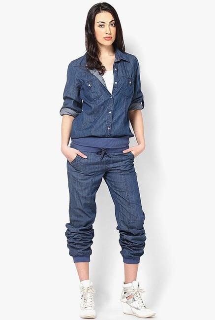 Only Dark Blue Solid Denim Joggers Only Dark Blue Solid Denim Joggers