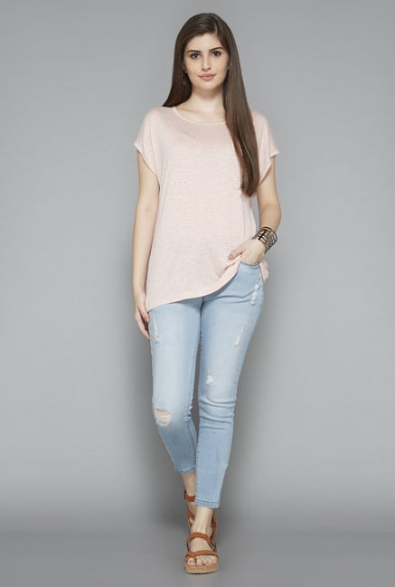 LOV by Westside Light Pink Embellished T Shirt LOV by Westside Light Pink Embellished T Shirt