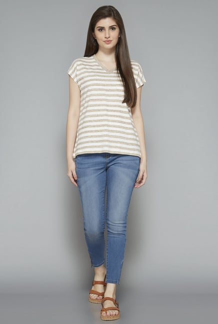 LOV by Westside Taupe Striped T Shirt LOV by Westside Taupe Striped T Shirt
