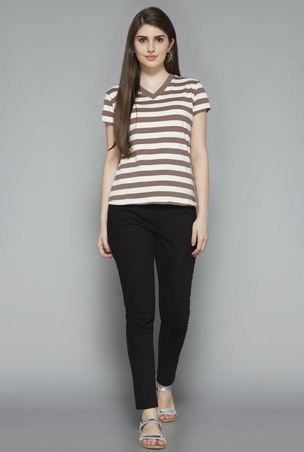 LOV by Westside Taupe Striped T Shirt LOV by Westside Taupe Striped T Shirt