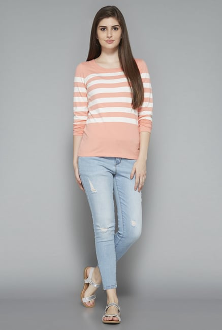 LOV by Westside Peach Striped T Shirt LOV by Westside Peach Striped T Shirt