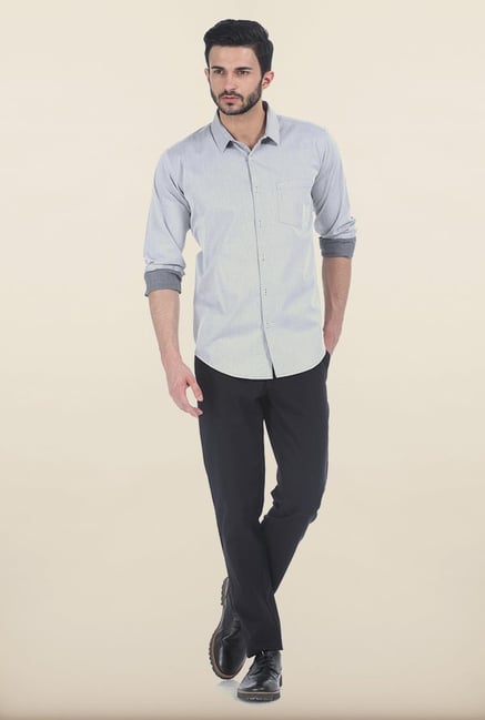 Basics Frost Grey Herringbone Twill Slim Fit Shirt Basics Frost Grey Herringbone Twill Slim Fit Shirt