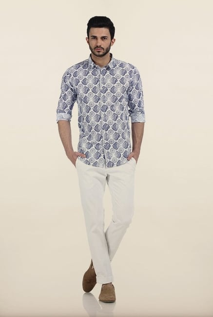 Basics Monaco Blue Paisley Printed Cambric Slim Fit Shirt Basics Monaco Blue Paisley Printed Cambric Slim Fit Shirt