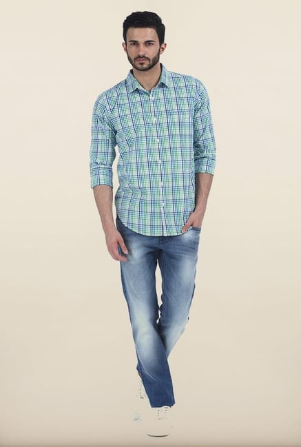Basics Fern Green Gingham Checked Slim Fit Shirt Basics Fern Green Gingham Checked Slim Fit Shirt