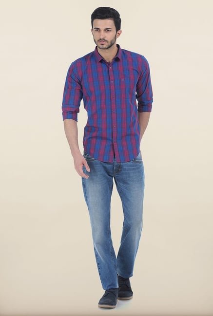 Basics Blue & Wine Red Madras Checks Slim Fit Shirt Basics Blue & Wine Red Madras Checks Slim Fit Shirt