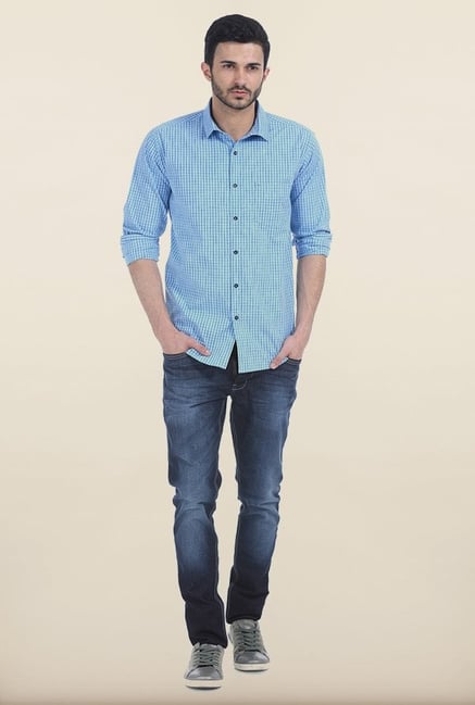 Basics Air Blue Spaced Dyed Checks Slim Fit Shirt Basics Air Blue Spaced Dyed Checks Slim Fit Shirt