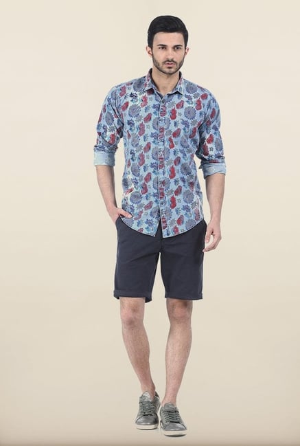 Basics Infinity Blue Indigo Floral Printed Slim Fit Shirt Basics Infinity Blue Indigo Floral Printed Slim Fit Shirt