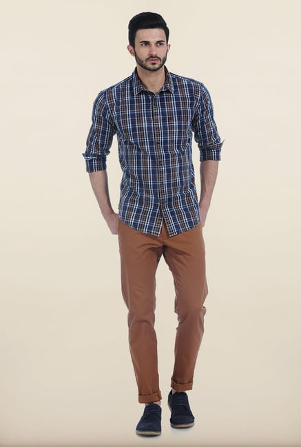 Basics Tobacco Brown Indigo Checks Slim Fit Shirt Basics Tobacco Brown Indigo Checks Slim Fit Shirt