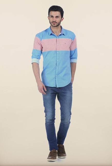 Basics Azure Blue Weft Striped Twill Slim Fit Shirt Basics Azure Blue Weft Striped Twill Slim Fit Shirt
