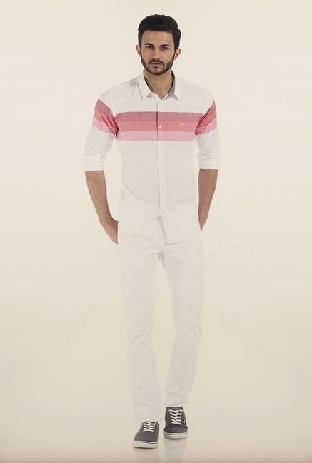 Basics Red & White Weft Striped Oxford Slim Fit Shirt Basics Red & White Weft Striped Oxford Slim Fit Shirt