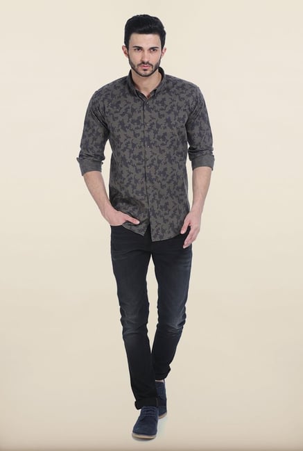 Basics Dusty Olive Printed Twill Slim Fit Shirt Basics Dusty Olive Printed Twill Slim Fit Shirt