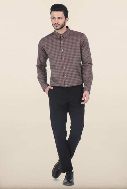 Basics Maroon Houndstooth Slim Fit Shirt Basics Maroon Houndstooth Slim Fit Shirt