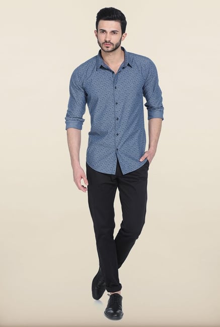 Basics Blue Printed Slim Fit Chambray Shirt Basics Blue Printed Slim Fit Chambray Shirt