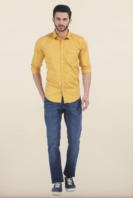 Basics Ochre Yellow Printed Slim Fit Shirt Basics Ochre Yellow Printed Slim Fit Shirt