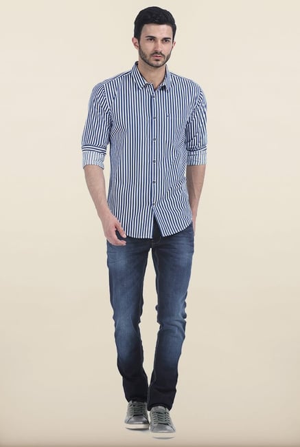 Basics True Navy Satin Striped Slim Fit Shirt Basics True Navy Satin Striped Slim Fit Shirt