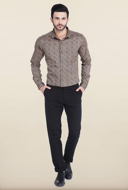 Basics Apple Cinnamon Satin Printed Slim Fit Shirt Basics Apple Cinnamon Satin Printed Slim Fit Shirt