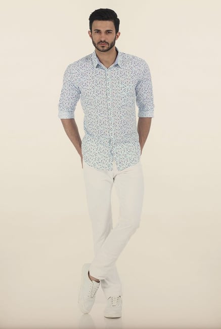 Basics Blue Fish Print Slim Fit Shirt Basics Blue Fish Print Slim Fit Shirt