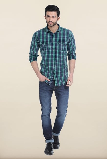 Basics Deep Mint Tartan Yarn Dyed Checks Slim Fit Shirt Basics Deep Mint Tartan Yarn Dyed Checks Slim Fit Shirt